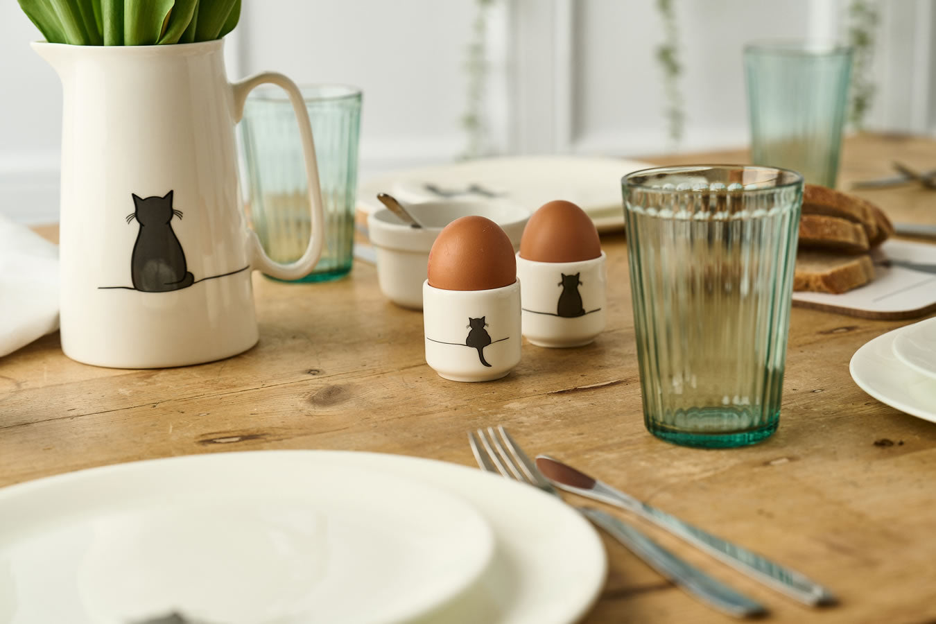 Crouching Cat Egg Cup and Sitting Cat Jug