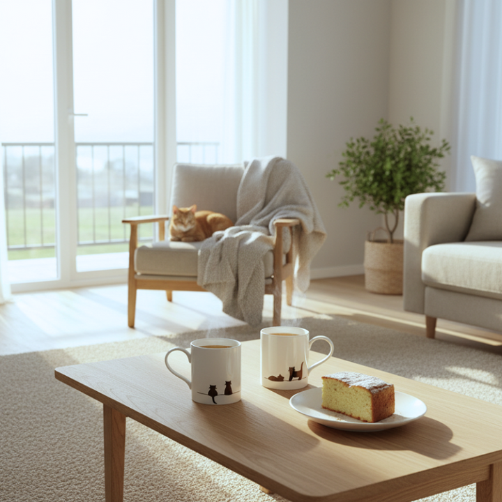 Modern living room with a coffee table, chairs, and a cat on a chair.