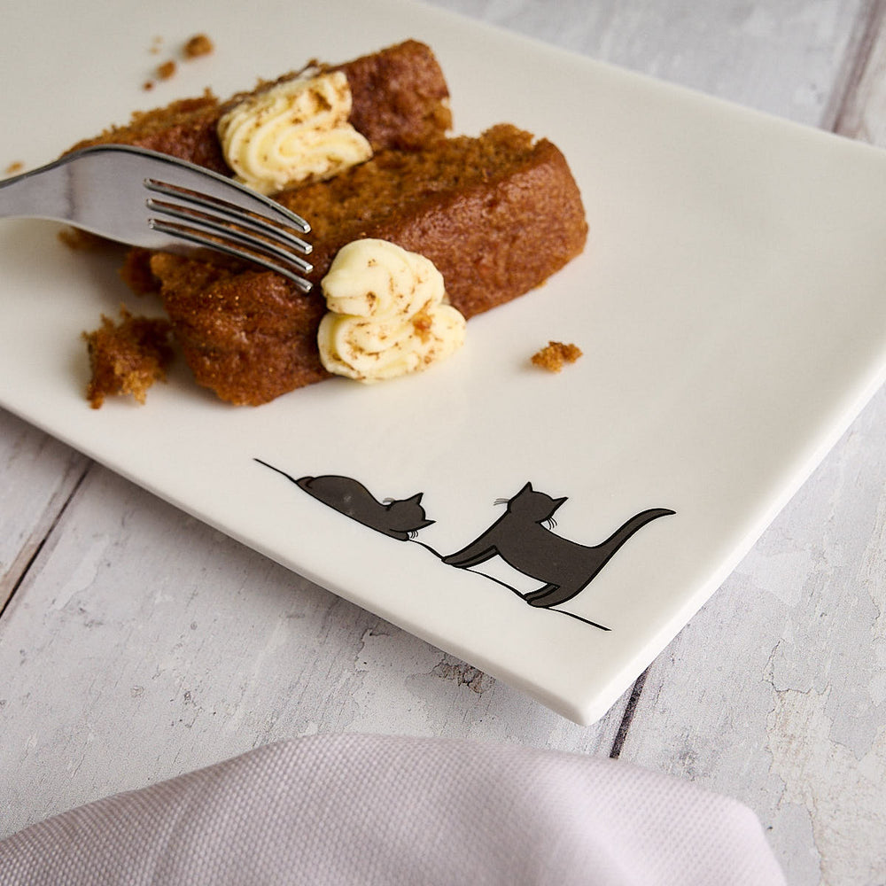 Two More Cats Together Limited Edition Serving Tray, Fine Bone China with carrot cake and fork