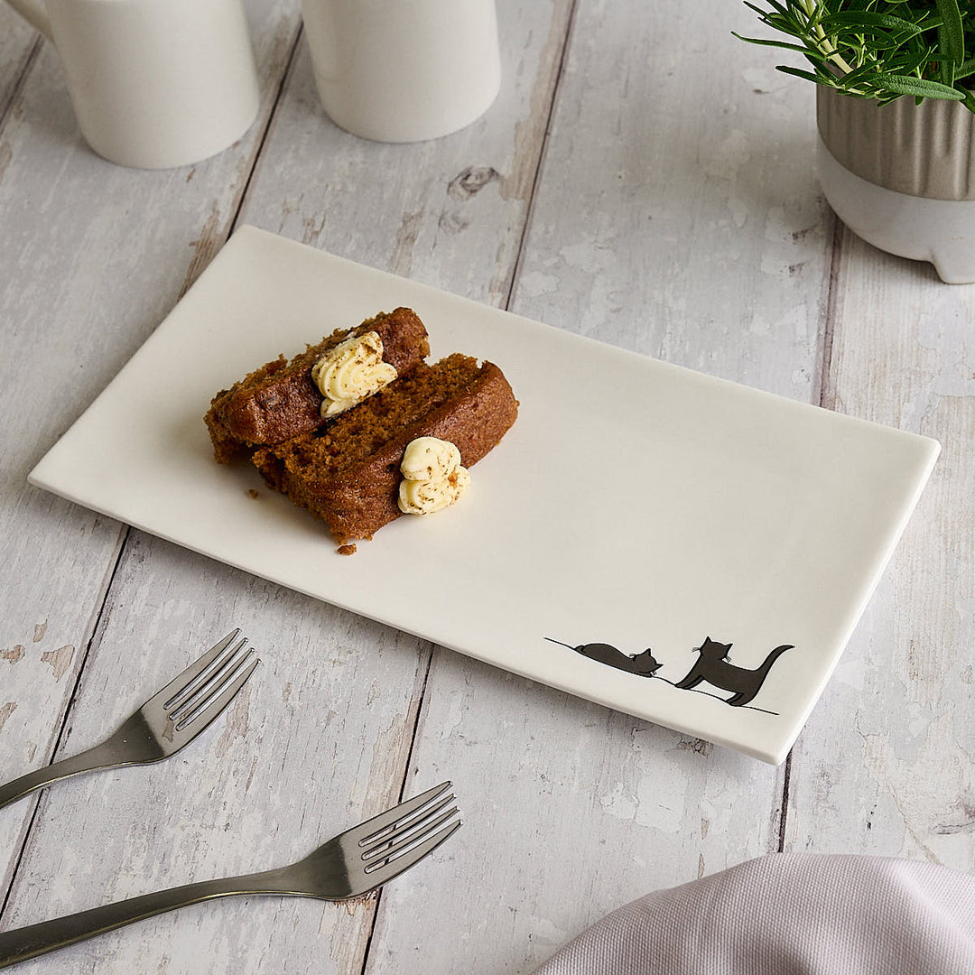 Two More Cats Together Limited Edition Serving Tray, Fine Bone China with carrot cake