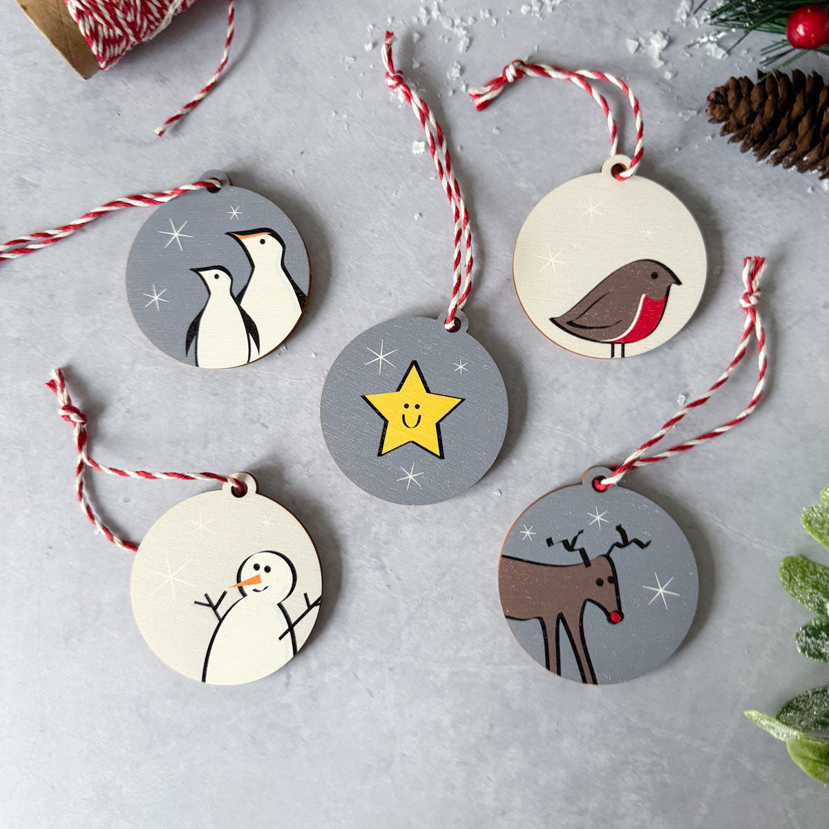 Winter Collection Wooden Christmas Decorations, Set of Five