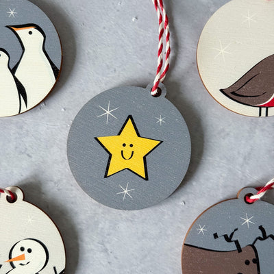 Winter Collection Wooden Christmas Decorations Set of Five close up