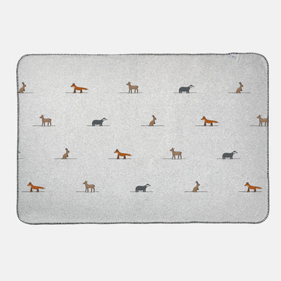 Woodland Collection Blanket with Badger, Fox, Deer and Rabbit on a light grey background