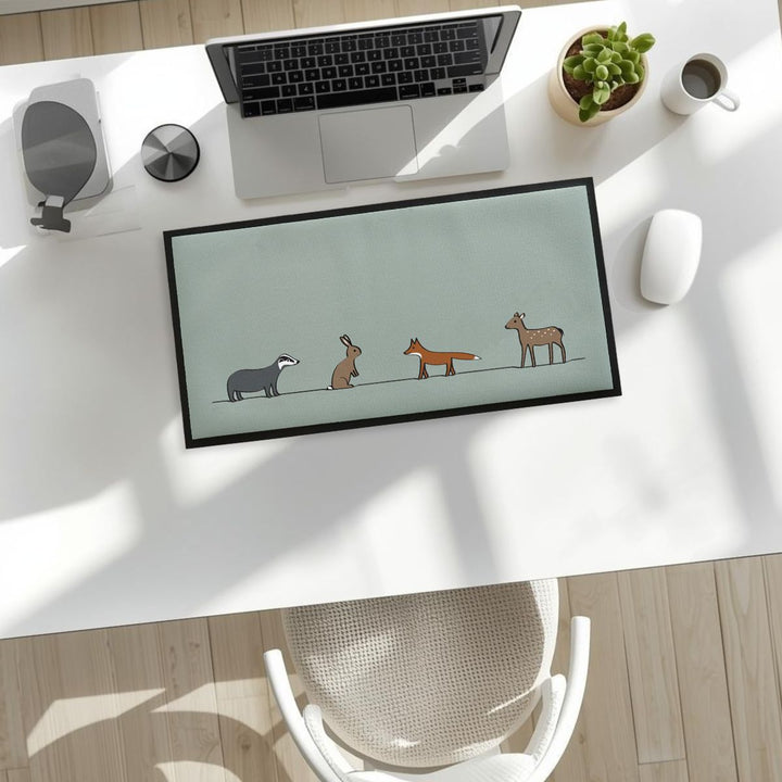 Woodland Collection Desk Mat on desk with plant and coffee mug