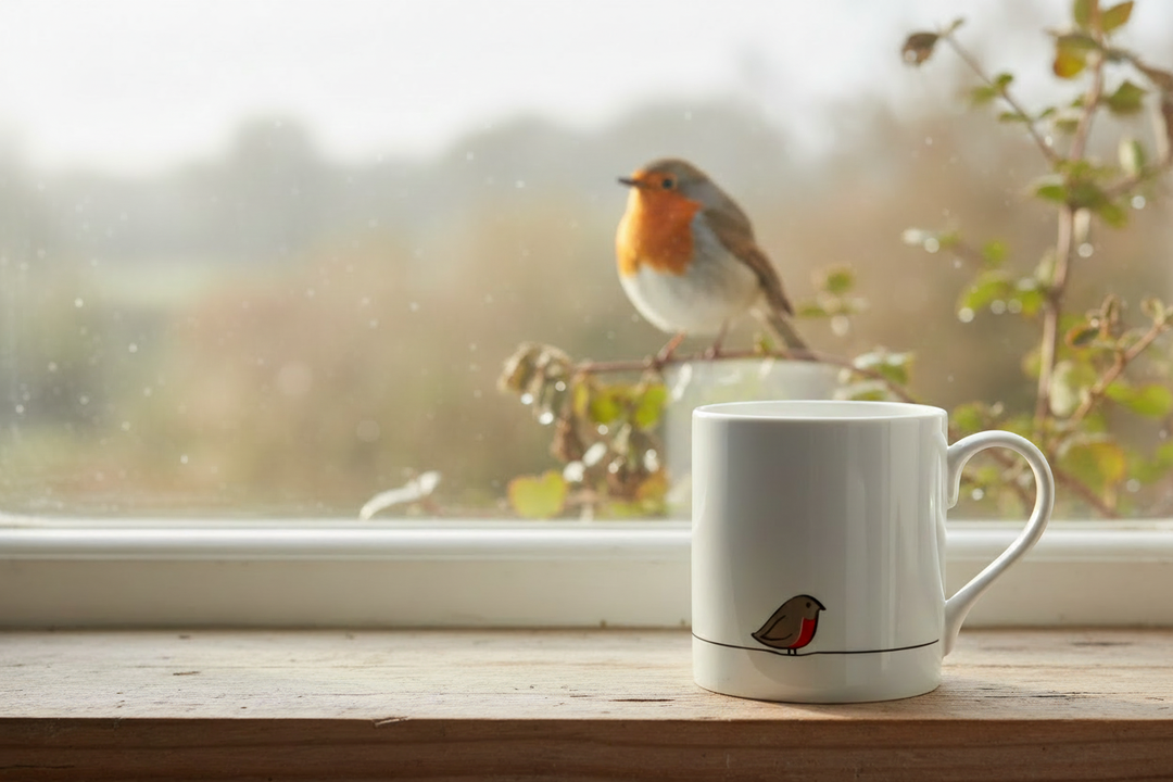 Robin mug on windowsill angled view