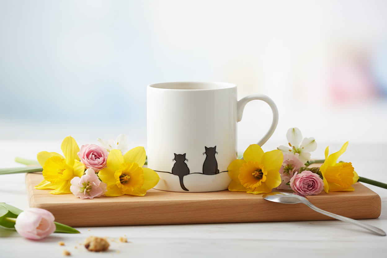 Two Cats Together Mug with daffodils - Mother's Day