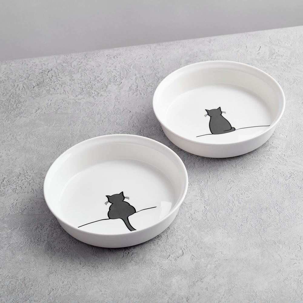 Cat Bowls with Sitting Cat and Crouching Cat