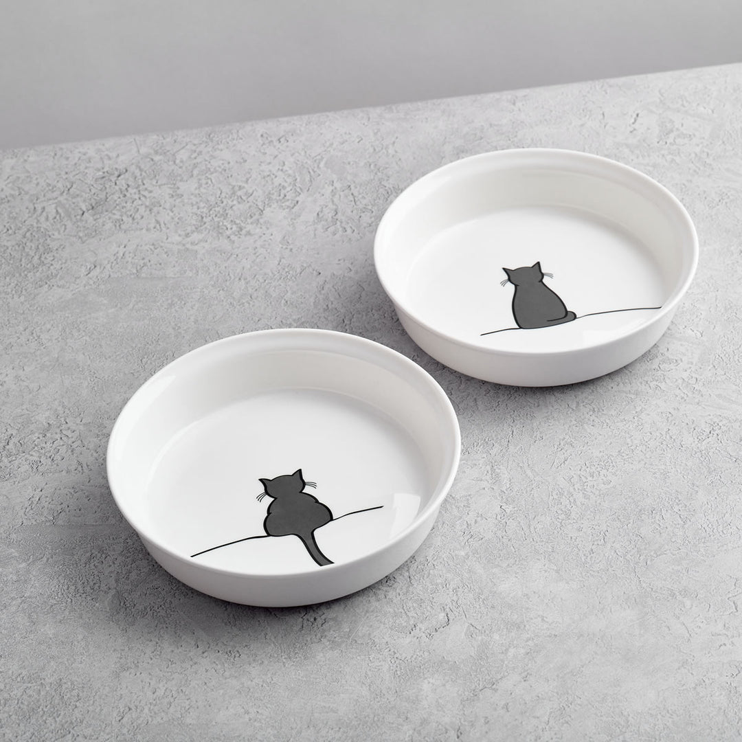Cat Bowls with Sitting Cat and Crouching Cat