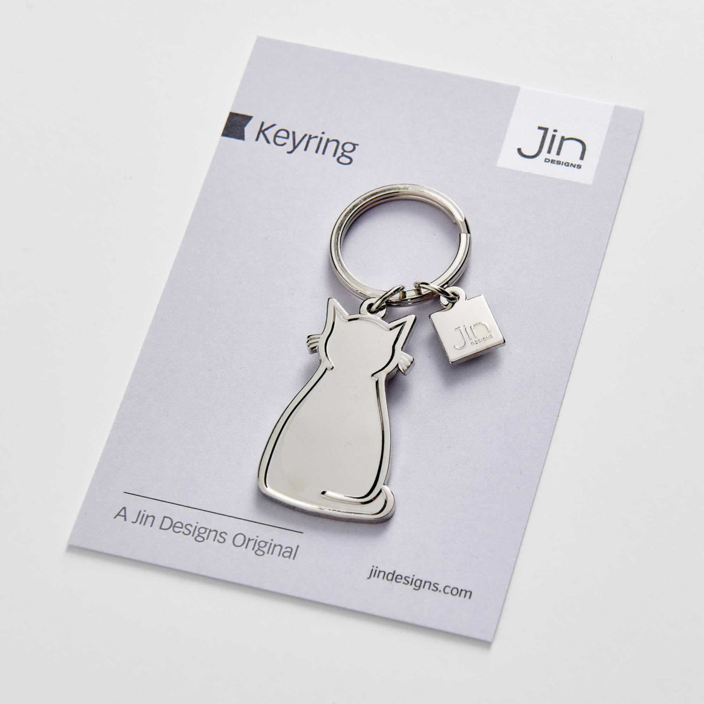 Sitting Cat Silver Keyring with Backing Card