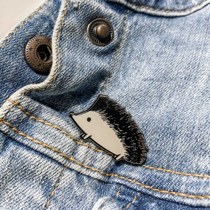 Hedgehog Enamel Pin on Denim