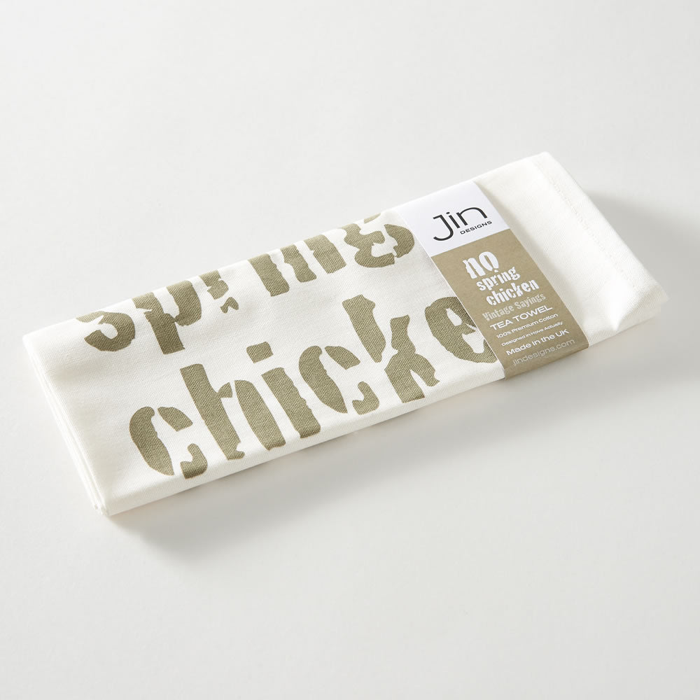 No Spring Chicken Tea Towel with Packaging
