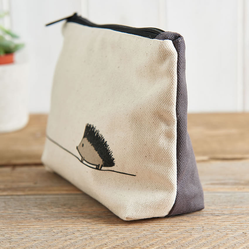 Hedgehog Zip Bag with contrasting grey canvas on reverse